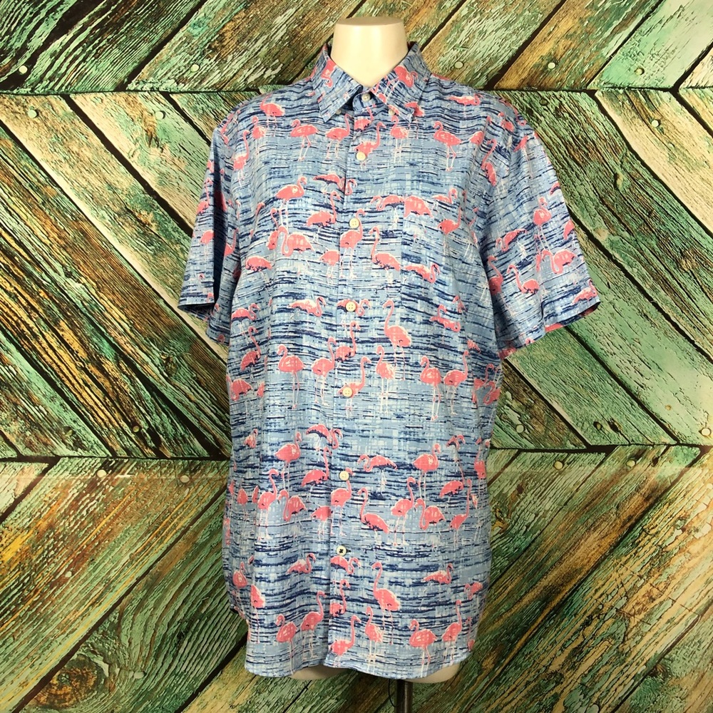 A4 - IZOD Flamingo Print Short-Sleeve Button-Down Shirt - M - Picture 1 of 8